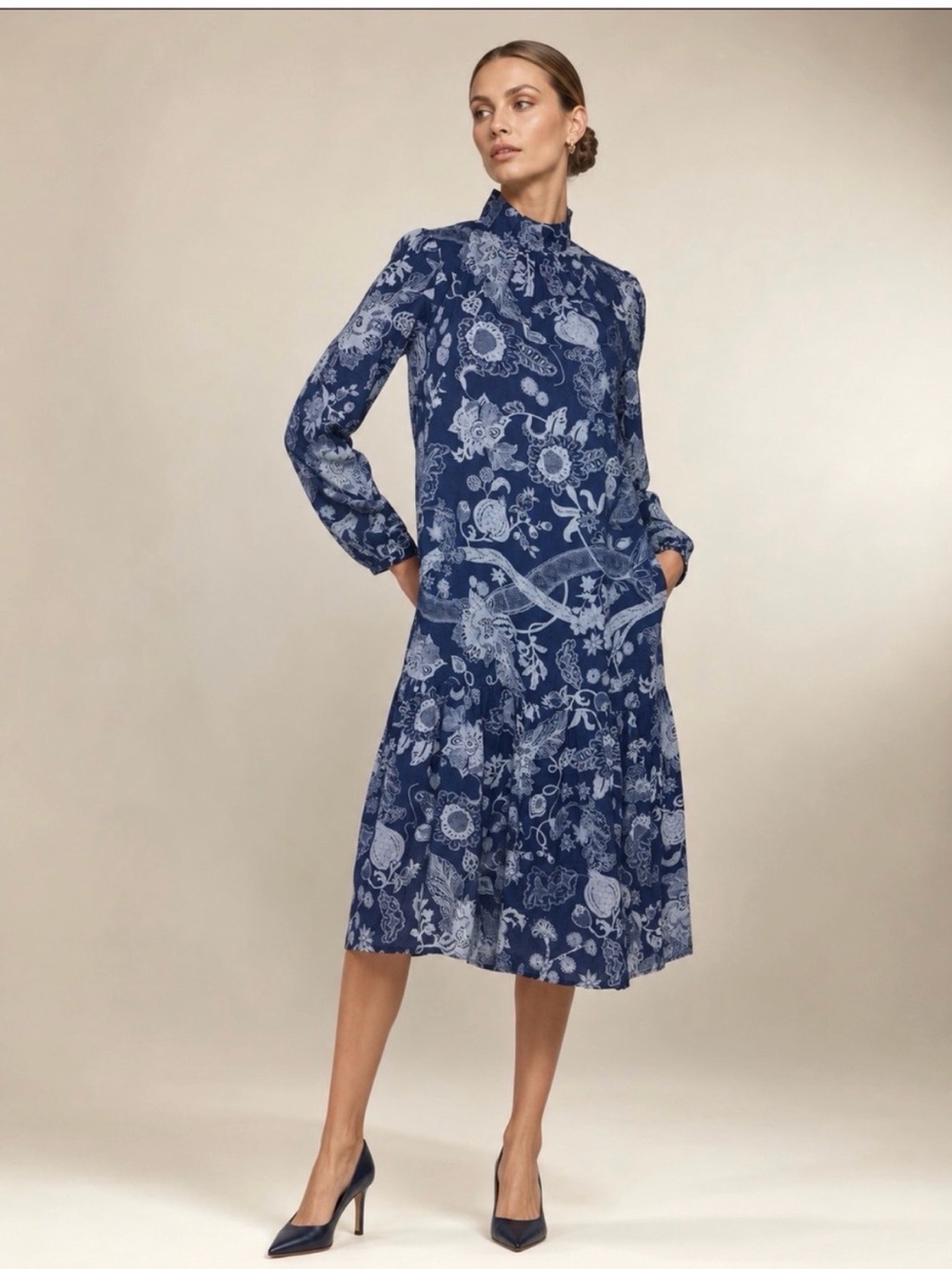 Matta Paris Bhakti Organic Cotton High Neck Long sleeves floral indigo dress XS